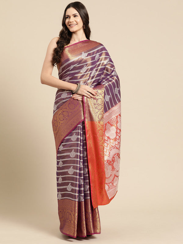 Purple silk blend saree with elegant woven Zari striped designs