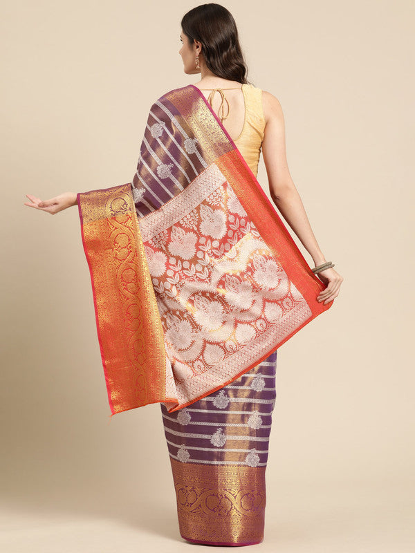 Purple Silk Blend Striped Saree with Woven Zari Design