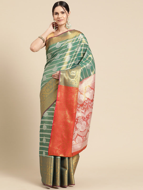 Turquoise silk blend saree with woven zari striped pattern and matching blouse piece