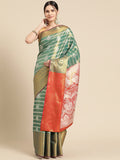 Turquoise silk blend saree with woven zari striped pattern and matching blouse piece