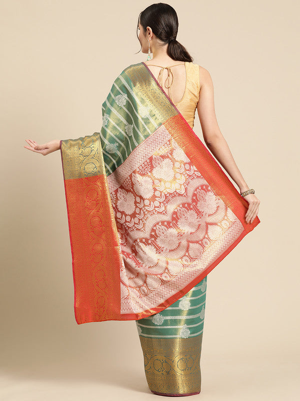 Turquoise Silk Blend Saree with Woven Zari Stripes and Blouse