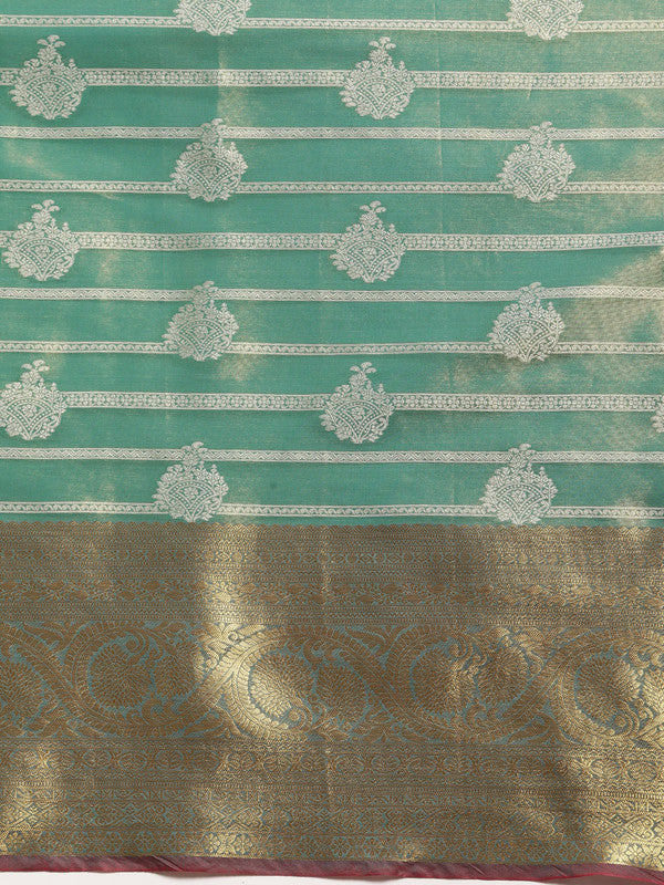Turquoise Silk Blend Saree with Woven Zari Stripes and Blouse