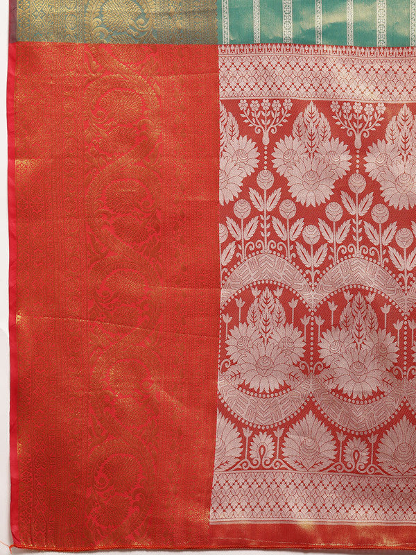 Turquoise Silk Blend Saree with Woven Zari Stripes and Blouse