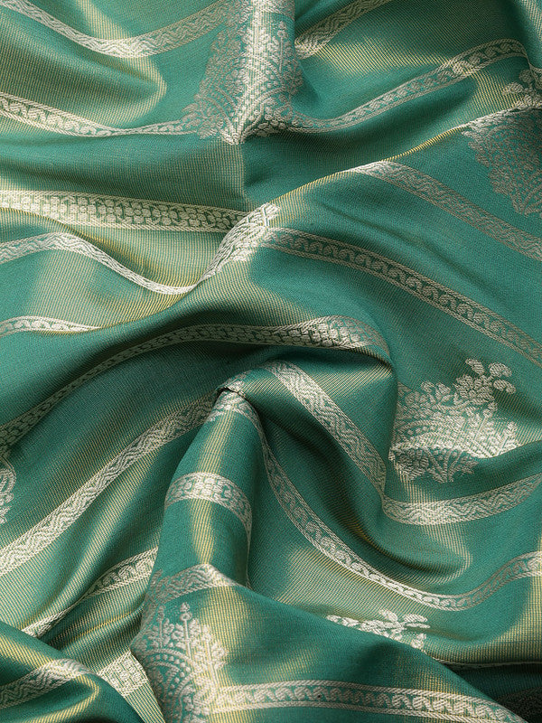 Turquoise Silk Blend Saree with Woven Zari Stripes and Blouse