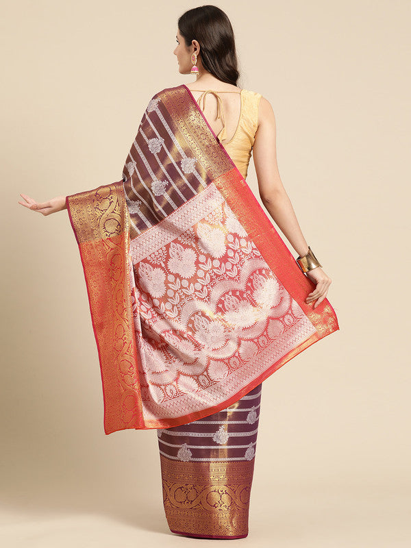 Purple Silk Blend Saree with Zari Striped Pattern & Blouse Piece