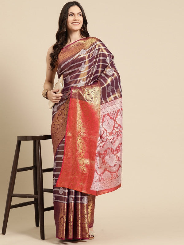 Purple silk blend saree with gold zari stripes and matching unstitched blouse piece