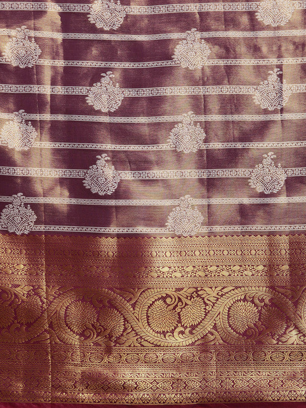 Purple Silk Blend Saree with Zari Striped Pattern & Blouse Piece