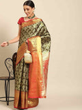 Black art silk saree featuring woven Zari floral designs and unstitched blouse