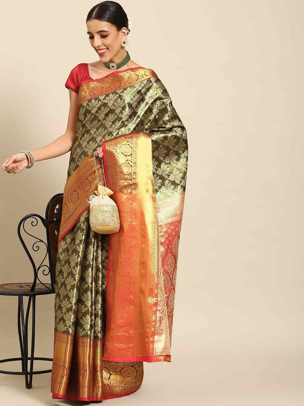 Black art silk saree featuring woven Zari floral designs and unstitched blouse