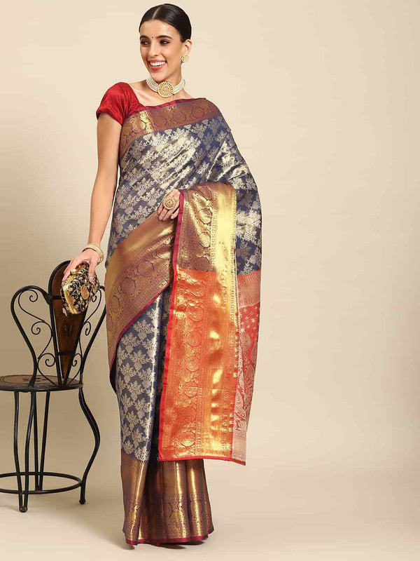 Navy Blue Art Silk saree with intricate woven Zari floral design