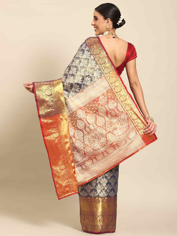 Navy Blue Art Silk Woven Zari Floral Saree