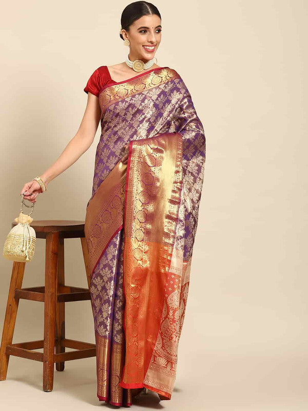 Purple art silk saree with floral design and woven zari borders with matching unstitched blouse