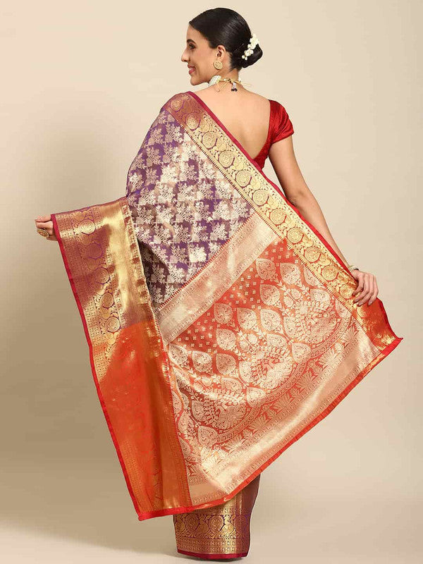 Purple Floral Art Silk Saree with Woven Zari Design & Blouse Piece
