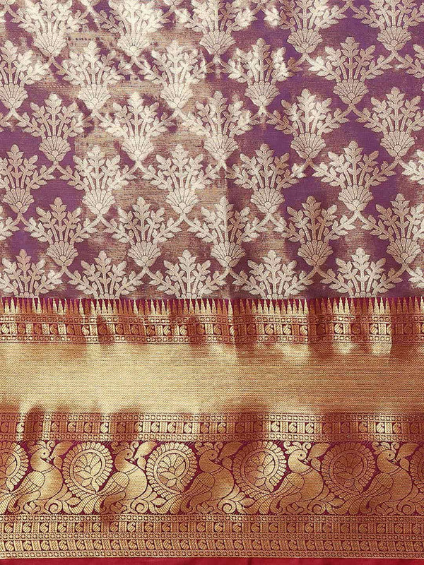 Purple Floral Art Silk Saree with Woven Zari Design & Blouse Piece