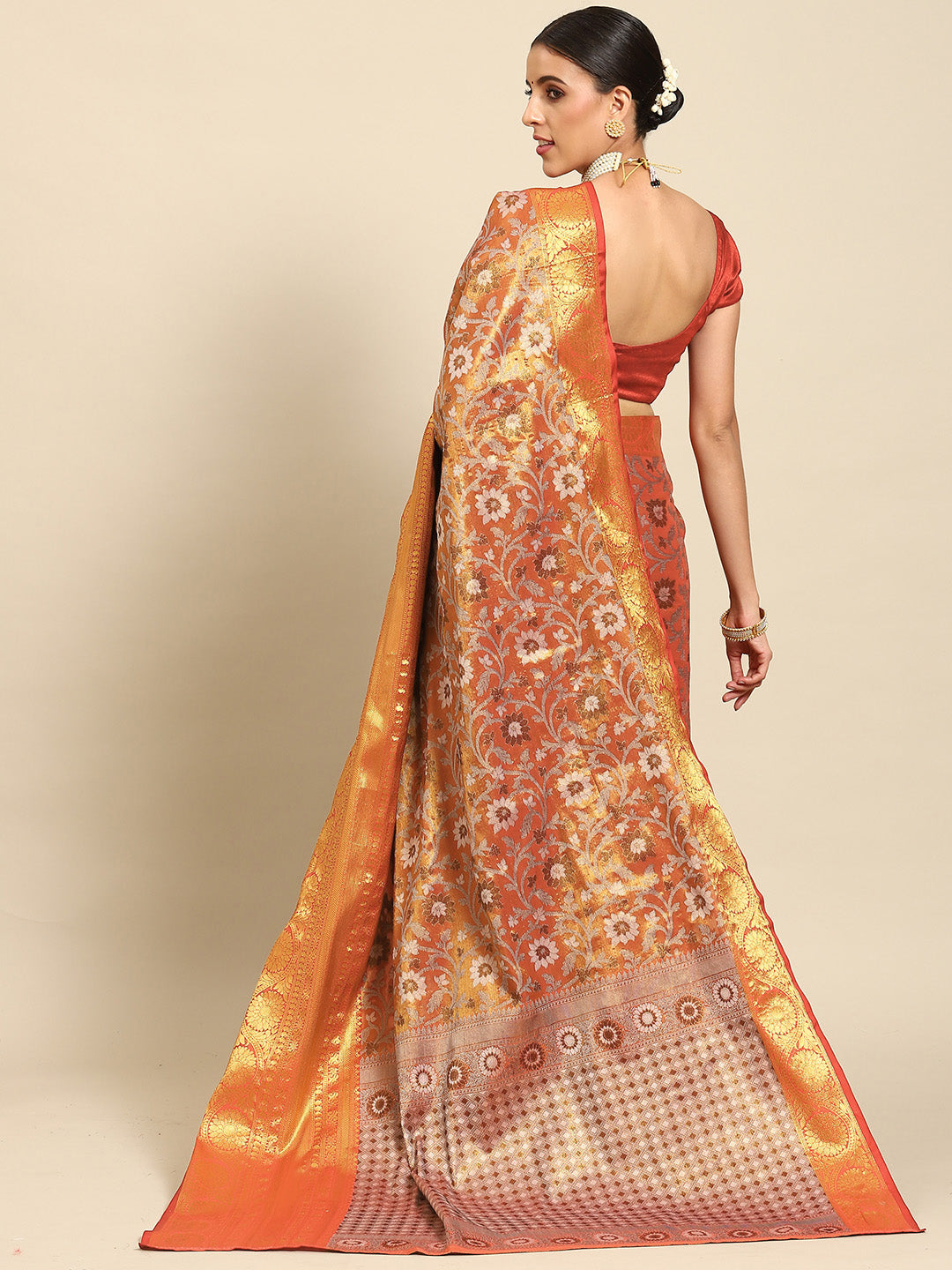 Red Kanjeevaram Art Silk Saree with Floral Woven Zari Design