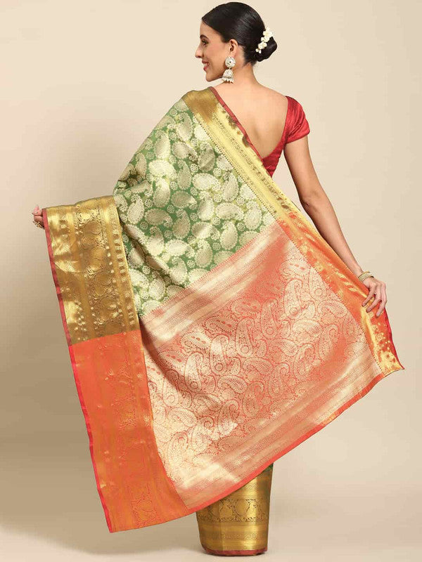 Green Art Silk Saree with Woven Zari Floral Design & Blouse