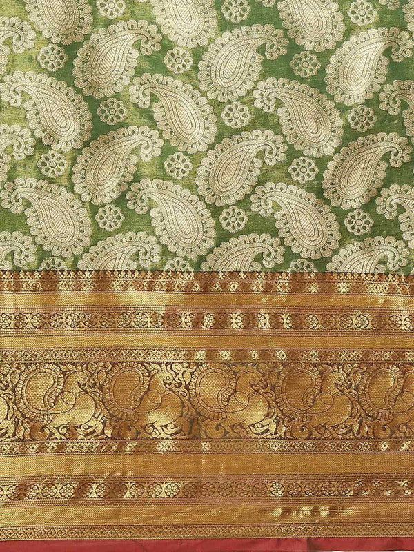 Green Art Silk Saree with Woven Zari Floral Design & Blouse
