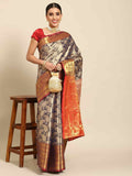 Navy Blue art silk saree with golden zari floral weaving and unstitched blouse