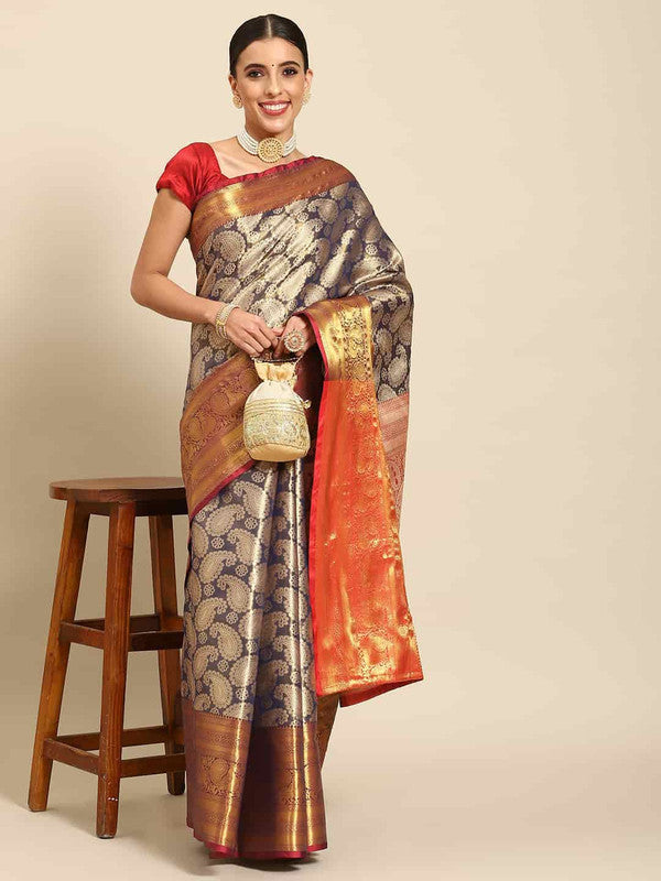 Navy Blue art silk saree with golden zari floral weaving and unstitched blouse