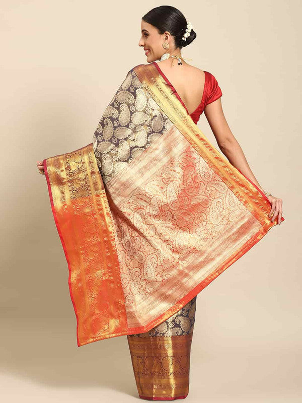 Navy Blue Art Silk Saree with Woven Zari Floral Design & Blouse