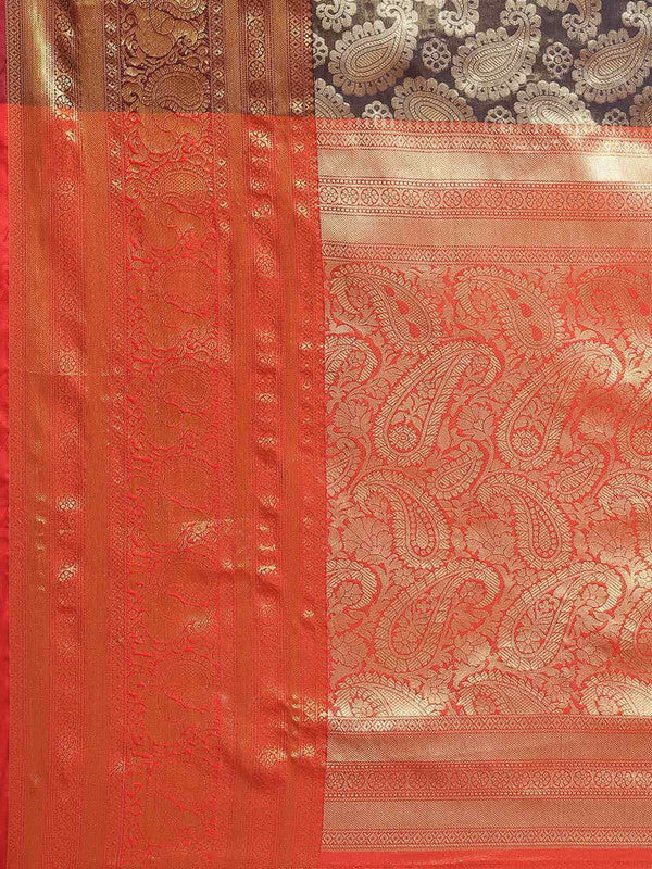 Navy Blue Art Silk Saree with Woven Zari Floral Design & Blouse