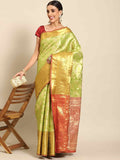 Green art silk saree with floral prints and woven zari design and unstitched blouse piece