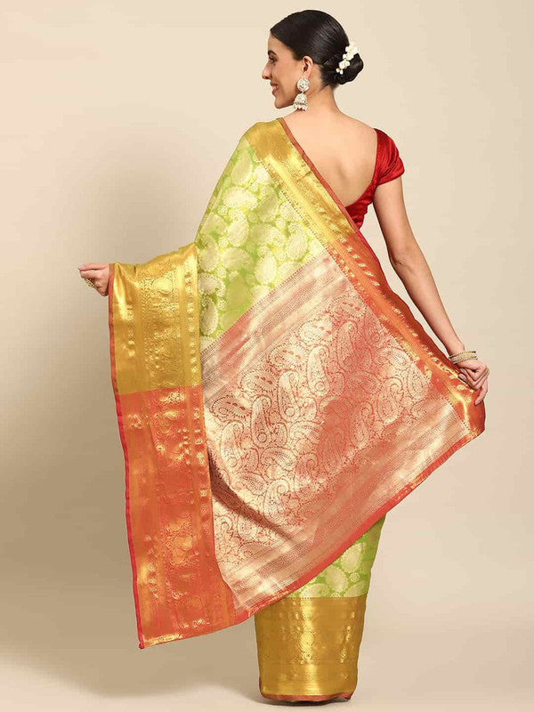 Green Floral Art Silk Saree with Woven Zari Design & Blouse Piece