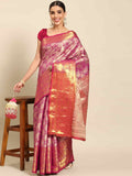 Pink Art Silk saree featuring woven Zari accents and floral patterns with unstitched blouse