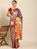 Purple art silk floral saree with intricate zari woven patterns and matching unstitched blouse piece.