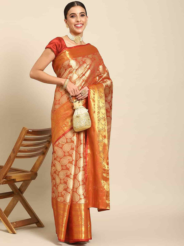 Yellow art silk saree with floral zari weaving patterns and matching unstitched blouse