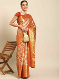 Yellow art silk saree with floral zari weaving patterns and matching unstitched blouse