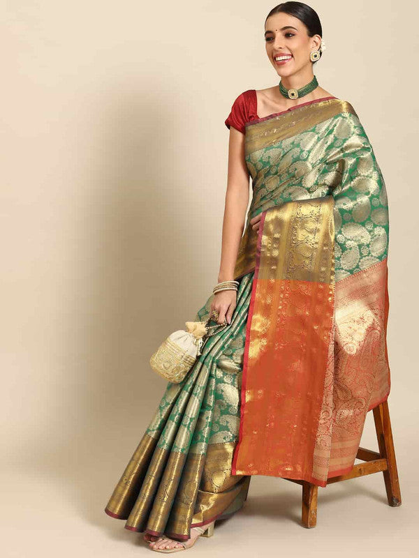 Turquoise art silk floral saree with woven Zari design and unstitched blouse piece