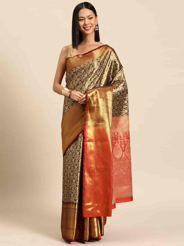Black Brocade Woven Zari Design Ethnic Motifs Saree with Unstitched Blouse - Hiral Fashion