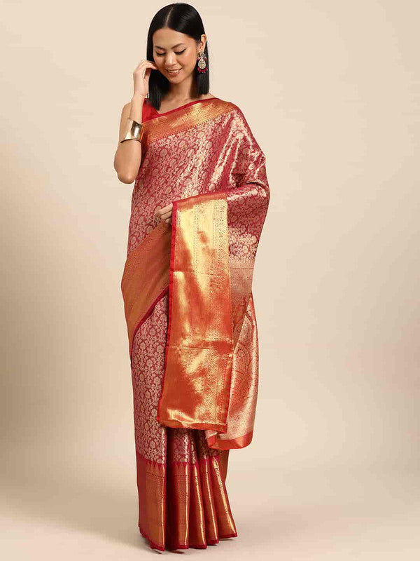 Rich pink brocade saree with woven zari ethnic motifs and matching unstitched blouse