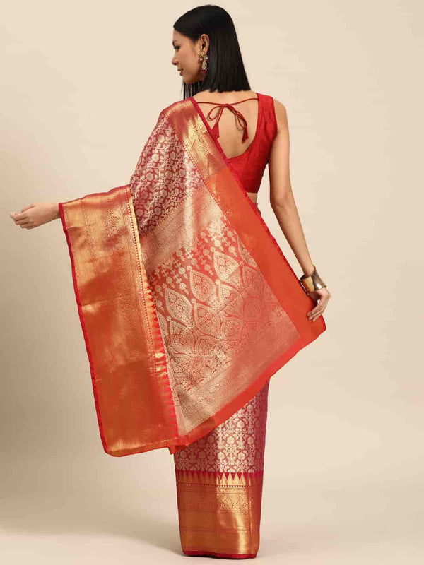 Pink Brocade Woven Zari Ethnic Motifs Saree with Unstitched Blouse