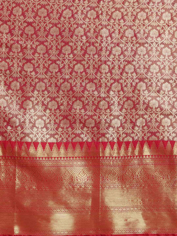 Pink Brocade Woven Zari Ethnic Motifs Saree with Unstitched Blouse