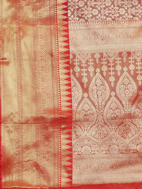 Pink Brocade Woven Zari Ethnic Motifs Saree with Unstitched Blouse