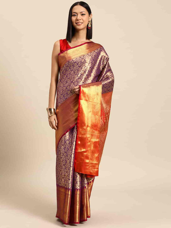 Purple brocade saree with gold zari woven ethnic motifs and matching unstitched blouse