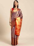 Purple brocade saree with gold zari woven ethnic motifs and matching unstitched blouse