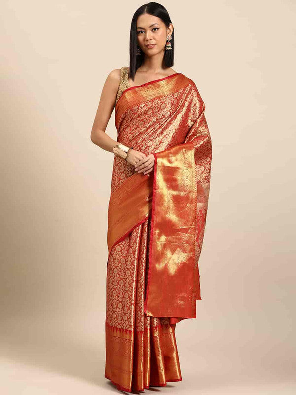 Elegant red brocade saree with gold zari woven ethnic motifs and matching unstitched blouse piece