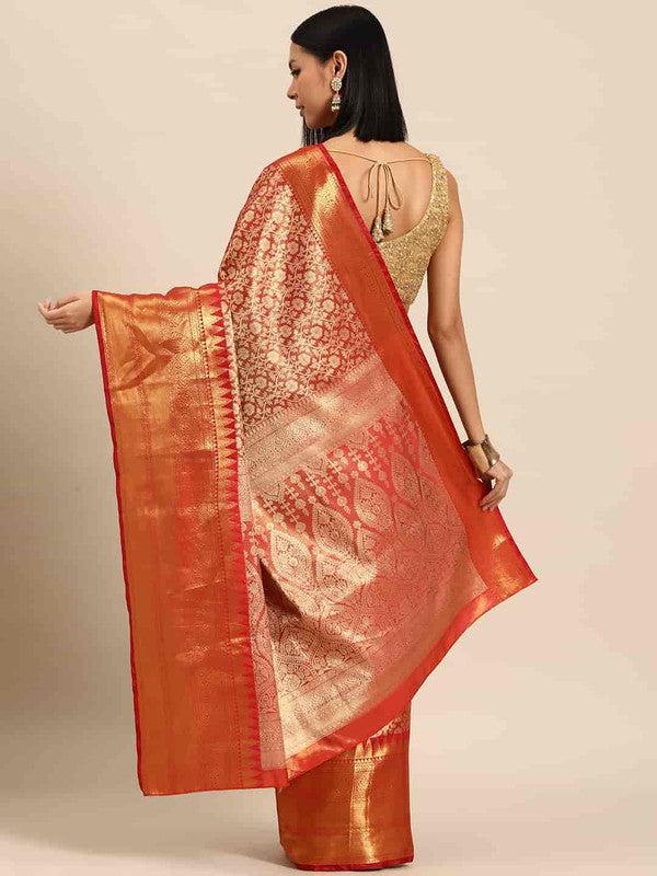Red Brocade Saree with Traditional Zari Ethnic Motifs