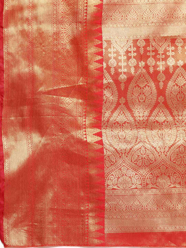 Red Brocade Saree with Traditional Zari Ethnic Motifs