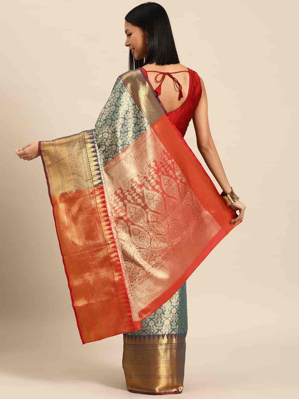 Turquoise Brocade Saree with Woven Zari Ethnic Motifs