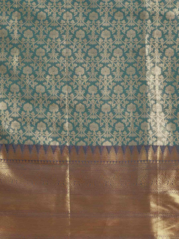 Turquoise Brocade Saree with Woven Zari Ethnic Motifs