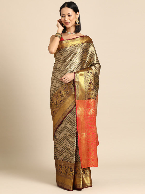 Black brocade saree with woven zari stripes and unstitched blouse piece
