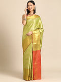 Green brocade saree with gold zari stripes and an unstitched blouse piece