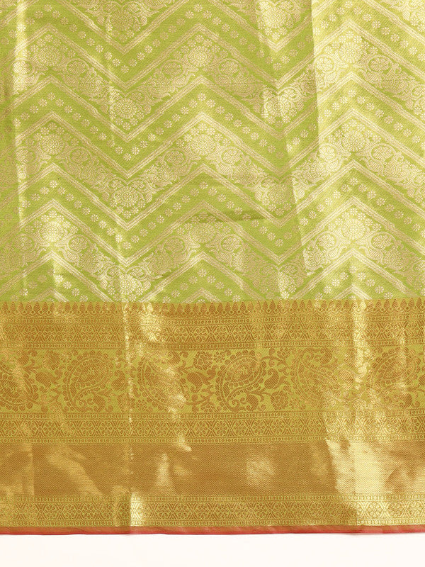Green Brocade Saree with Woven Zari Stripes and Blouse Piece
