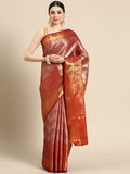 Pink brocade saree with intricate woven zari stripes and an unstitched blouse piece.