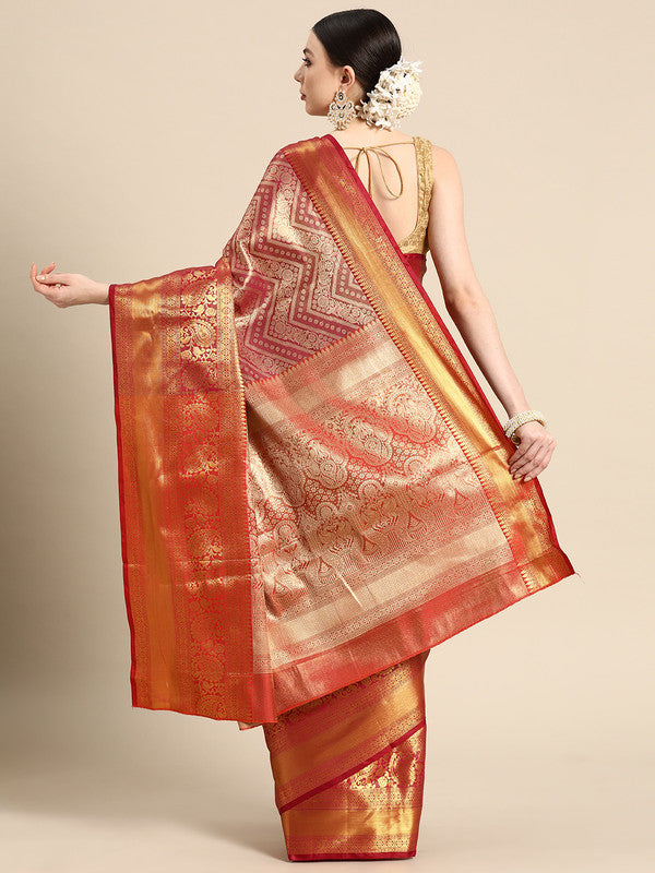 Pink Brocade Woven Zari Striped Saree with Unstitched Blouse