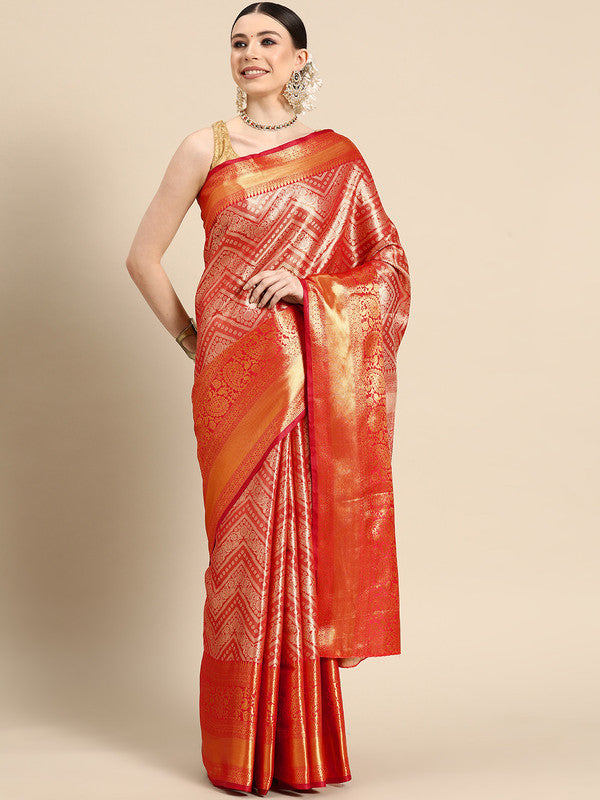 Red brocade woven zari striped saree with matching unstitched blouse